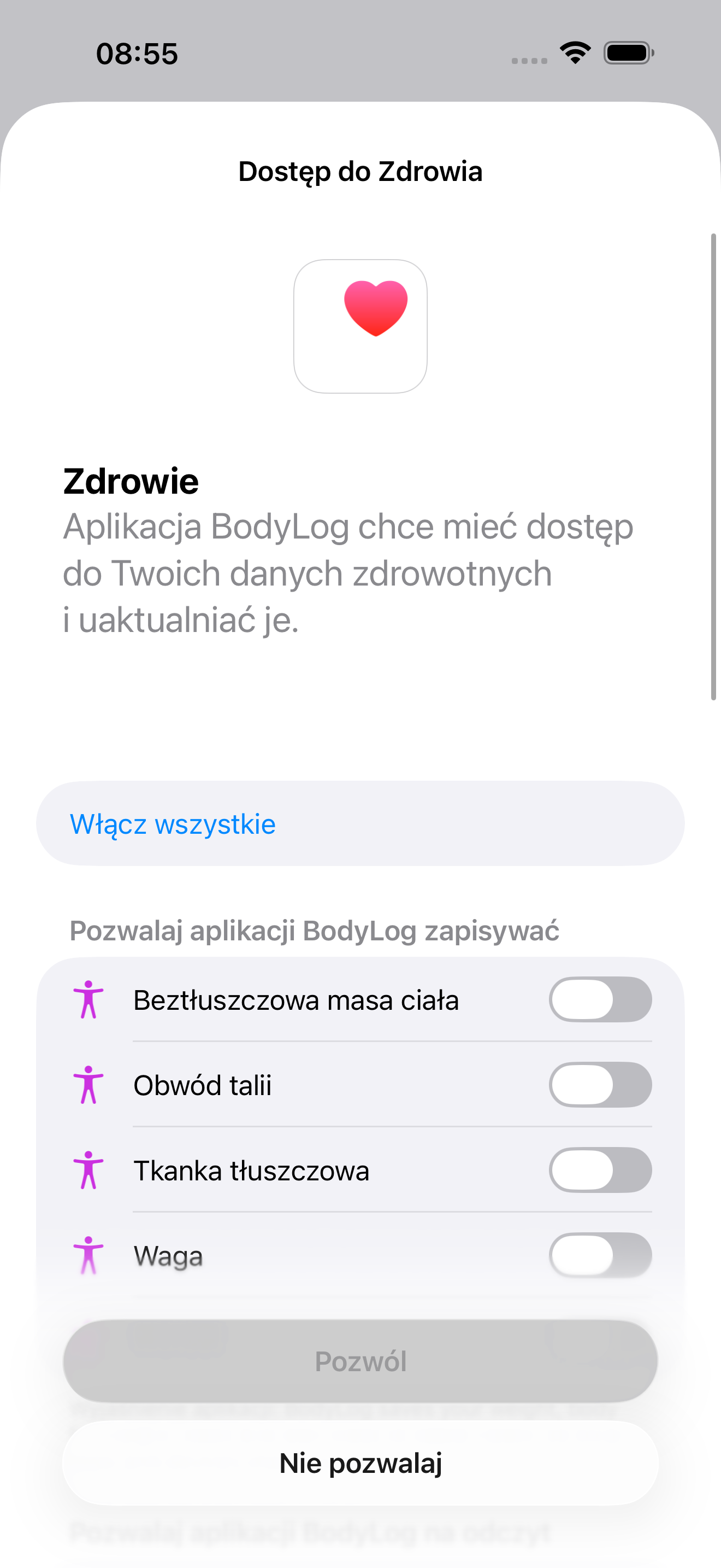 BodyLog Dashboard showing weight, metrics and trend chart